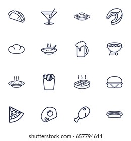 Set Of 16 Eat Outline Icons Set.Collection Of Mexican Food, Omelette, Chicken Leg And Other Elements.