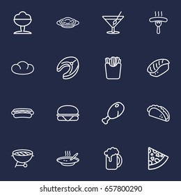 Set Of 16 Eat Outline Icons Set.Collection Of Bbq, Soup, Japanese Roll And Other Elements.