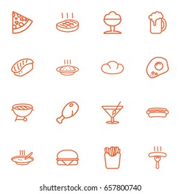 Set Of 16 Eat Outline Icons Set.Collection Of French Fries, Cocktail, Soup And Other Elements.