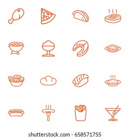 Set Of 16 Eat Outline Icons Set.Collection Of Pepperoni, Cocktail, Bread And Other Elements.
