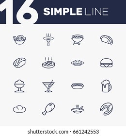 Set Of 16 Eat Outline Icons Set.Collection Of Sausage, Salad, Steak And Other Elements.