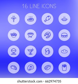 Set Of 16 Eat Outline Icons Set.Collection Of Sorbet, Raw Fish, Steak And Other Elements.