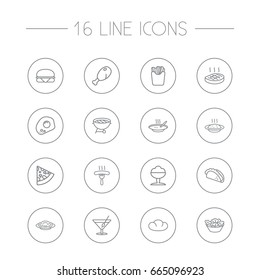 Set Of 16 Eat Outline Icons Set.Collection Of Salad, Sausage, Soup And Other Elements.