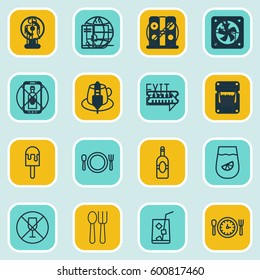 Set Of 16 Eating Icons. Includes Lemonade, Lolly, Tea And Other Symbols. Beautiful Design Elements.