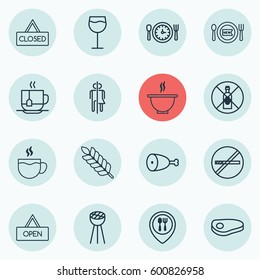 Set Of 16 Eating Icons. Includes Fried Poultry, Steak, Wineglass And Other Symbols. Beautiful Design Elements.
