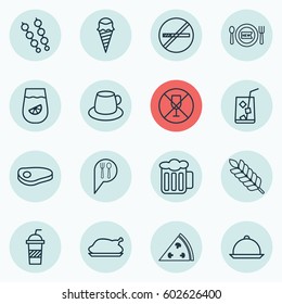 Set Of 16 Eating Icons. Includes Soda, Stick Batbecue, Dessert And Other Symbols. Beautiful Design Elements.