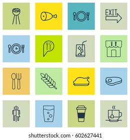 Set Of 16 Eating Icons. Includes Cutlery, Soda Drink, Check In And Other Symbols. Beautiful Design Elements.