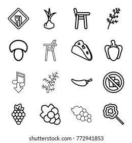 Set of 16 eating outline icons such as mushroom, onion, grape, deel, grape, baby chair, taco, pepper, lollipop, restaurant, no fast food