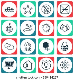 Set Of 16 Eco Icons. Includes Fire Banned, Save World, Aqua And Other Symbols. Beautiful Design Elements.