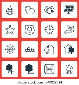 Set Of 16 Eco Icons. Includes Bonfire, Sun Power, Delete Woods And Other Symbols. Beautiful Design Elements.