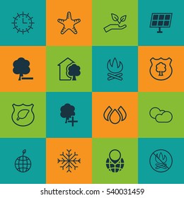 Set Of 16 Eco Icons. Includes World Ecology, Fire Banned, Delete Woods And Other Symbols. Beautiful Design Elements.