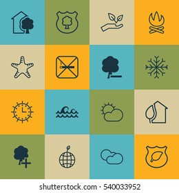 Set Of 16 Eco Icons. Includes Save World, Ocean Wave, Home And Other Symbols. Beautiful Design Elements.