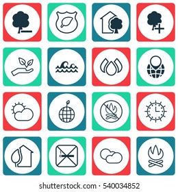 Set Of 16 Eco Icons. Includes Fire Banned, World Ecology, Aqua And Other Symbols. Beautiful Design Elements.