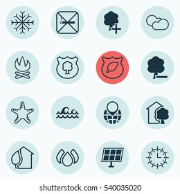 Set Of 16 Eco Icons. Includes Bonfire, Snow, Home And Other Symbols. Beautiful Design Elements.