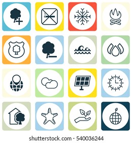 Set Of 16 Eco Icons. Includes Snow, Sea Star, Sun Power And Other Symbols. Beautiful Design Elements.