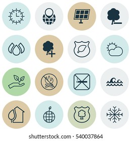 Set Of 16 Eco Icons. Includes Home, Insert Woods, World Ecology And Other Symbols. Beautiful Design Elements.