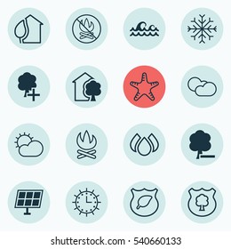 Set Of 16 Eco Icons. Includes Bonfire, Cloud Cumulus, Clear Climate And Other Symbols. Beautiful Design Elements.