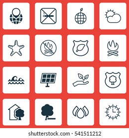 Set Of 16 Eco Icons. Includes Sea Star, Pin Earth, Save World And Other Symbols. Beautiful Design Elements.