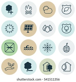 Set Of 16 Eco Icons. Includes Sun Clock, Save World, Home And Other Symbols. Beautiful Design Elements.