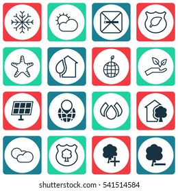 Set Of 16 Eco Icons. Includes World Ecology, Pin Earth, Cigarette And Other Symbols. Beautiful Design Elements.
