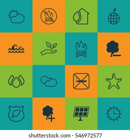 Set Of 16 Eco Icons. Includes Bonfire, Sea Star, Sun Clock And Other Symbols. Beautiful Design Elements.