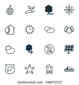Set Of 16 Eco Icons. Includes Fire Banned, Bonfire, Clear Climate And Other Symbols. Beautiful Design Elements.
