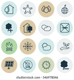 Set Of 16 Eco Icons. Includes Clear Climate, Save World, Aqua And Other Symbols. Beautiful Design Elements.