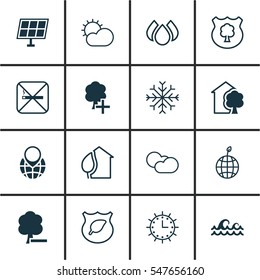 Set Of 16 Eco Icons. Includes Sun Clock, Ocean Wave, Clear Climate And Other Symbols. Beautiful Design Elements.