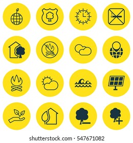 Set Of 16 Eco Icons. Includes Home, Delete Woods, House And Other Symbols. Beautiful Design Elements.