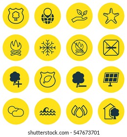 Set Of 16 Eco Icons. Includes Fire Banned, Bonfire, Aqua And Other Symbols. Beautiful Design Elements.