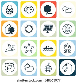 Set Of 16 Eco Icons. Includes Ocean Wave, Sea Star, Delete Woods And Other Symbols. Beautiful Design Elements.