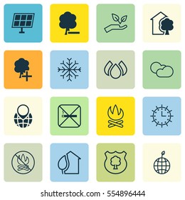 Set Of 16 Eco Icons. Includes Snow, Cigarette, Pin Earth And Other Symbols. Beautiful Design Elements.