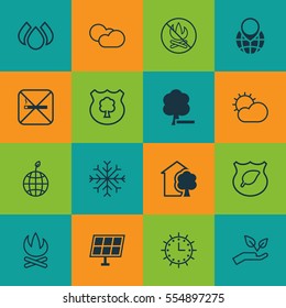 Set Of 16 Eco Icons. Includes Clear Climate, Pin Earth, Timber And Other Symbols. Beautiful Design Elements.