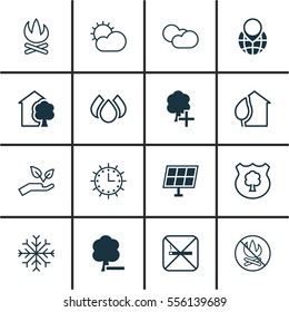 Set Of 16 Eco Icons. Includes Sun Power, Cloud Cumulus, Sun Clock And Other Symbols. Beautiful Design Elements.