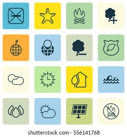 Set Of 16 Eco Icons. Includes Guard Tree, Cloud Cumulus, Delete Woods And Other Symbols. Beautiful Design Elements.