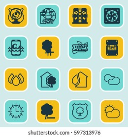 Set Of 16 Eco Icons. Includes Bonfire, Snow, Save World And Other Symbols. Beautiful Design Elements.