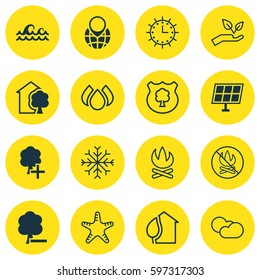 Set Of 16 Eco Icons. Includes House, Bonfire, Pin Earth And Other Symbols. Beautiful Design Elements.