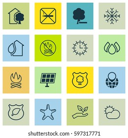 Set Of 16 Eco Icons. Includes Aqua, Sun Power, House And Other Symbols. Beautiful Design Elements.
