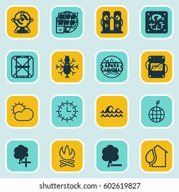 Set Of 16 Eco Icons. Includes Aqua, Clear Climate, Delete Woods And Other Symbols. Beautiful Design Elements.