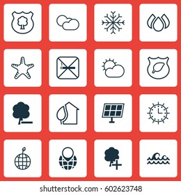 Set Of 16 Eco Icons. Includes Timber, Cigarette, Guard Tree And Other Symbols. Beautiful Design Elements.