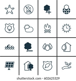 Set Of 16 Eco Icons. Includes Sun Power, House, Insert Woods And Other Symbols. Beautiful Design Elements.