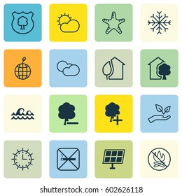 Set Of 16 Eco Icons. Includes Home, Sun Power, Insert Woods And Other Symbols. Beautiful Design Elements.