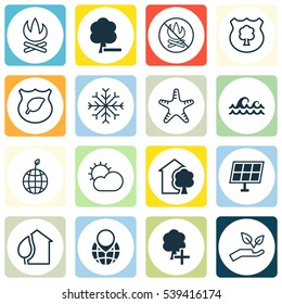 Set Of 16 Eco-Friendly Icons. Includes Clear Climate, Sea Star, Home And Other Symbols. Beautiful Design Elements.