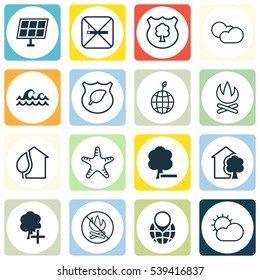 Set Of 16 Eco-Friendly Icons. Includes Guard Tree, Home, Timber And Other Symbols. Beautiful Design Elements.