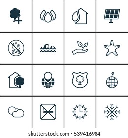 Set Of 16 Eco-Friendly Icons. Includes World Ecology, Fire Banned, Pin Earth And Other Symbols. Beautiful Design Elements.