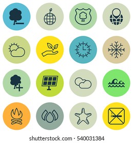 Set Of 16 Eco-Friendly Icons. Includes Timber, Ocean Wave, Sun Power And Other Symbols. Beautiful Design Elements.