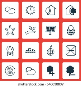 Set Of 16 Eco-Friendly Icons. Includes House, Clear Climate, World Ecology And Other Symbols. Beautiful Design Elements.