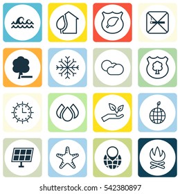 Set Of 16 Eco-Friendly Icons. Includes Bonfire, Aqua, Sun Power And Other Symbols. Beautiful Design Elements.