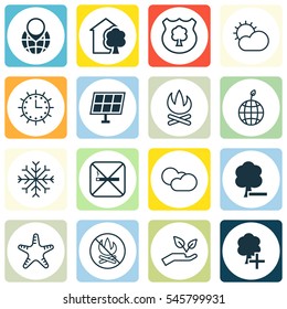Set Of 16 Eco-Friendly Icons. Includes Clear Climate, Timber, Sun Power And Other Symbols. Beautiful Design Elements.