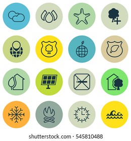 Set Of 16 Eco-Friendly Icons. Includes Insert Woods, House, Sun Power And Other Symbols. Beautiful Design Elements.